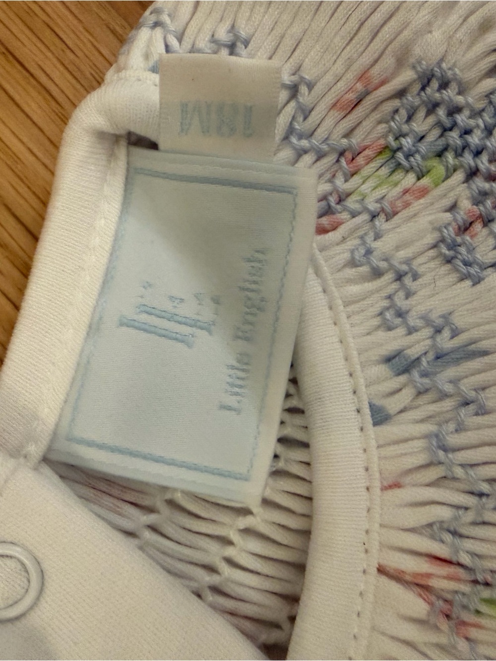 NWOT Little English White Romper with Blue Bow and Pink Floral Embroidery - Picture 3 of 3